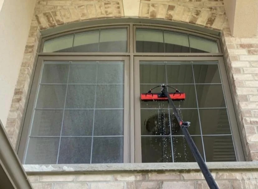 Exterior window cleaning in progress